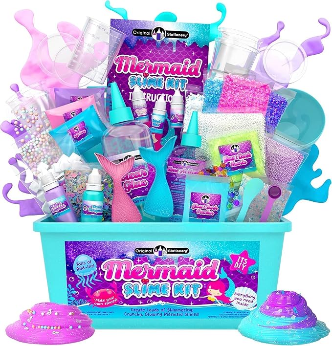 Original Stationery Mermaid Slime Kit - 35-Piece Multicolor Set, Ages 7+ - Glow-in-The-Dark Butter & Glitter Mix with Foam Cubes & Mermaid Tail Add-Ins - DIY Slime Making Kit for Kids & Girls