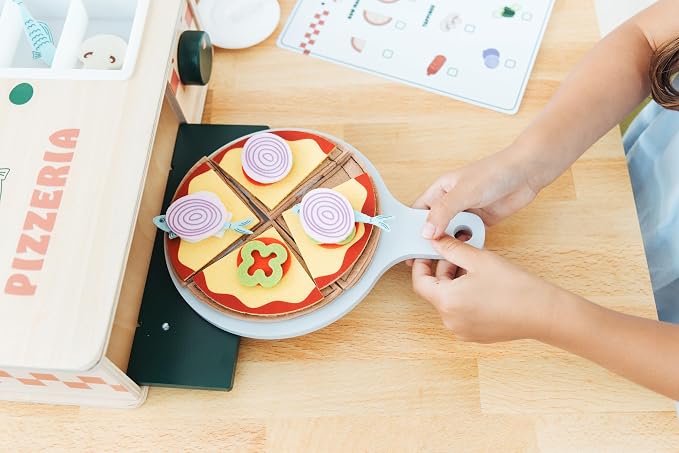 Pearhead Wooden Pizzeria Montessori Pretend Play Food Set, 38-Piece Play Kitchen Accessories, (38 Pcs) Toy Pizza Oven with Pizza Toppings Food Set, Preschool Toys for Toddlers, Ages 3+ Years