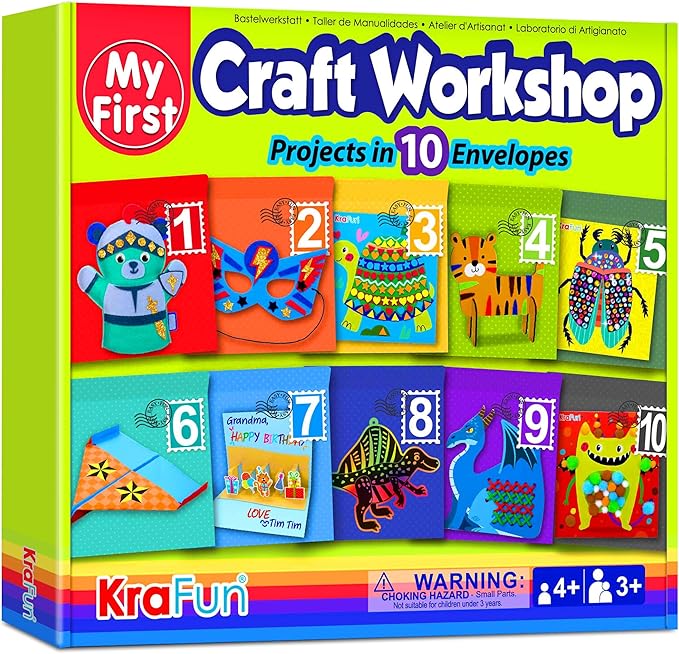 KRAFUN Toddler Art and Craft Kit, Preschool Educational Activities with 10 Envelope Projects - Origami, Puppets, Lacing & Pompoms, Creative DIY Gifts for Boys and Girls Ages 3-5