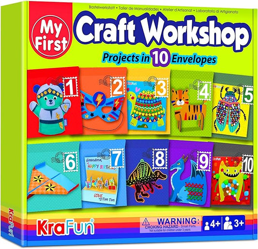 KRAFUN Toddler Art and Craft Kit, Preschool Educational Activities with 10 Envelope Projects - Origami, Puppets, Lacing & Pompoms, Creative DIY Gifts for Boys and Girls Ages 3-5