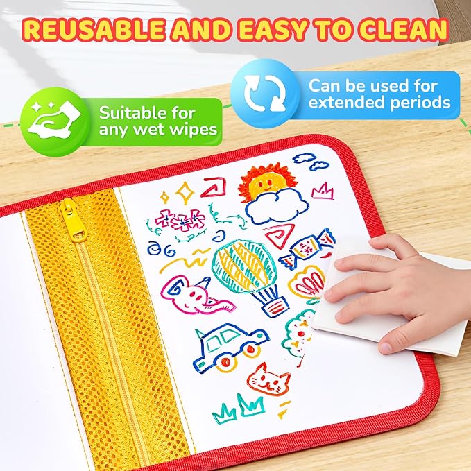 10-Inch Dual-Sided Dry Erase Travel Board for Kids with Zippered Storage - Portable Whiteboard Set with 6 Markers, Eraser.Coloring & Drawing Busy Book, Lightweight Foldable Activity Gifts for Kid