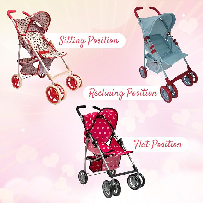 Baby Doll Stroller for Toddler Girls & Big Kids 6-8 Years Old | 28” Baby Stroller for Dolls, Toy Baby Stroller with Cute Ligh Denim Fabric, Mesh Storage Basket, Canopy, Handle Grips, Swivel Wheels