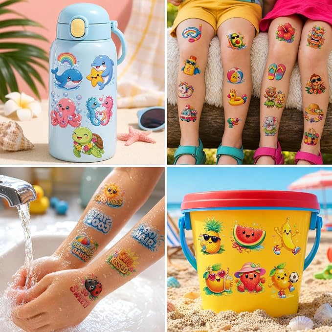 JCFIRE Temporary Tattoos for Kids Adults, Pool Hawaiian Luau Summer Party Decorations, Cute Summer Tattoos Stickers, Party Favors Rewards Supplies