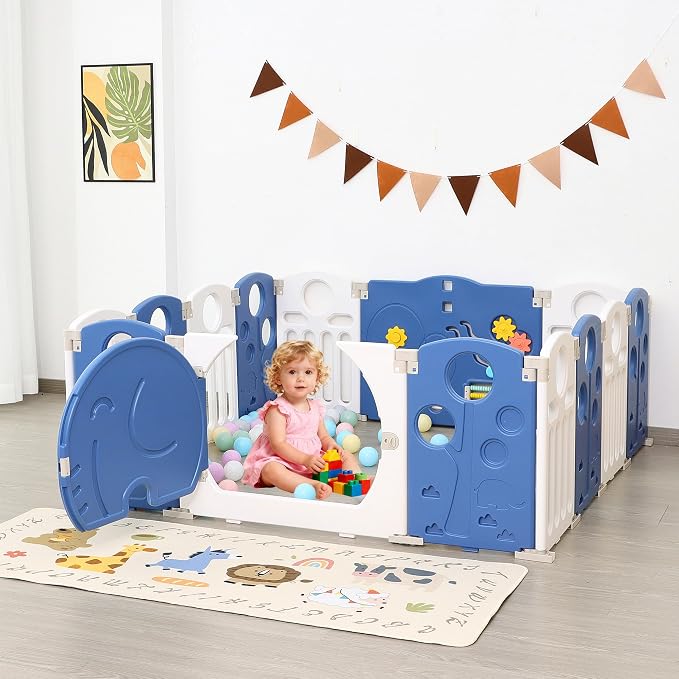 Baby Playpen, 14-Panel Foldable Play Pen for Babies and Toddlers, Indoor Outdoor Baby Fence with Sensory Play Panel, Adjustable Shape Activity Play Center, Portable & Easy Assemble