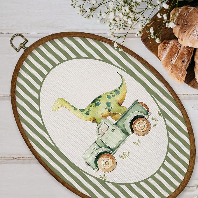 WULQYING Boy Nursery Dinosaur Truck Wall Art Decor, Kids Playroom Oval Framed Canvas Art Prints, Green Striped Dino Truck Wall Hanging Decor for Kids Toddler Boy Room Bedroom Playroom, 8.6x11.4 Inches