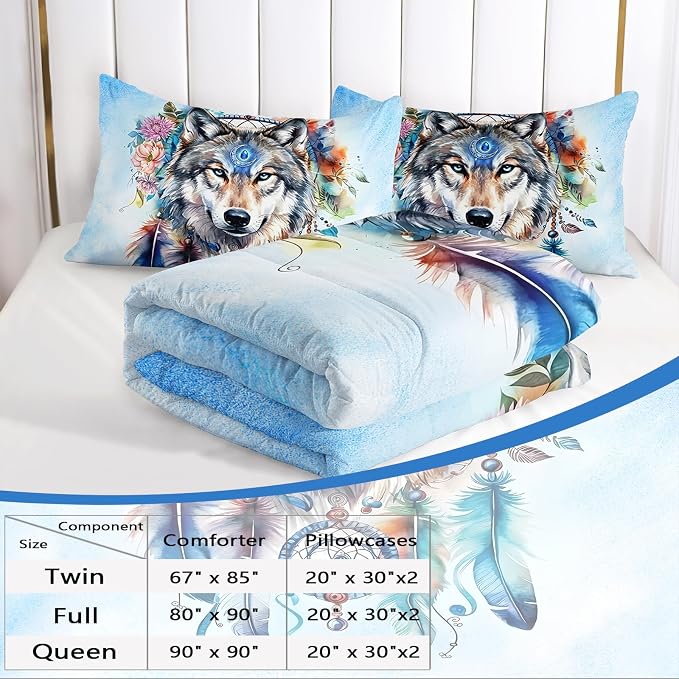 AILONEN Wolf Comforter Set - Dream Catcher Bedding Queen Size with 2 Pillowcases, Native American Wolf Printed Duvet Set, 3 Pieces