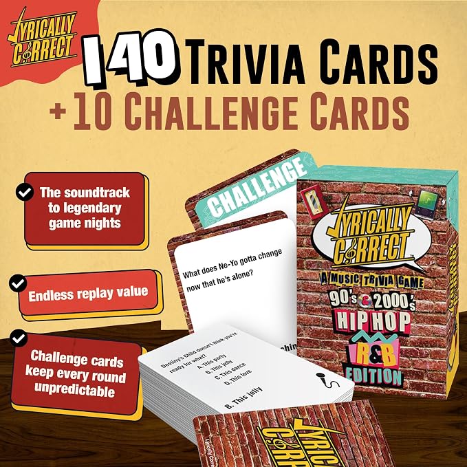 Lyrically Correct 90s & 2000s Hip-Hop & R&B Music Trivia Card Game for Adults & Families – Do You Know The Lyrics? Party Game for Game Night, Cookouts & Family Gatherings