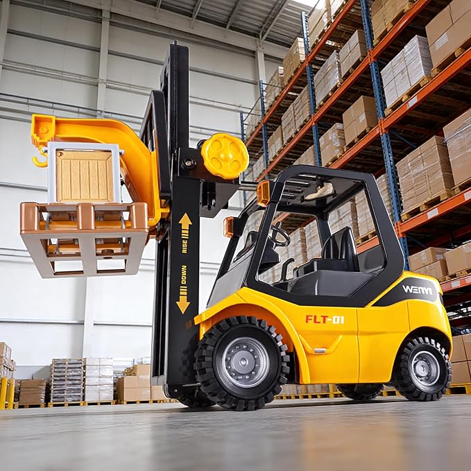 11.8 Inch Friction Powered Toy Forklift Truck with Lights & Sounds, 1/16 Scale Construction Vehicle with Pallet & 2 Cargo Boxes, Push Car for Toddlers Age 3, 4, 5 Boys Girls - Easter Gifts