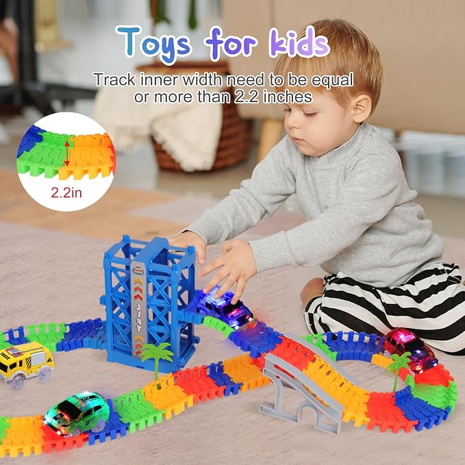 Tracks Cars 4PCS Magic LED Light-up Track Car Replacement Only,Flex Race Cars Glow in the Dark with 5 Flashing LED Lights Fits Most Tracks,Perfect Car Toys for 3-8 Kids,Boys&Girls