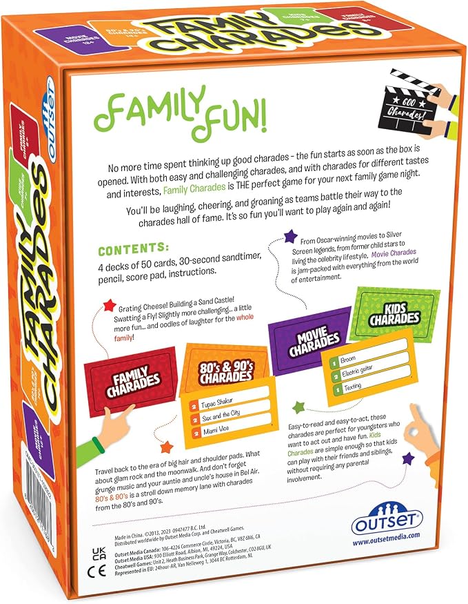 Outset Media Family Charades Game; 4 Games in 1 Box. Includes Movie, 80's 90's, Kids, Family Trivia for 2 or More Players, Ages 7 and up.