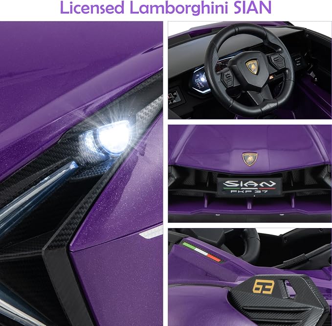 OLAKIDS Kids 12V Licensed Lamborghini SIAN Ride On Car, Electric Vehicle for Toddler with Control Remote, Battery Powered Toy with Music, Horn, 2 Speeds, Suspension, LED Lights, Bluetooth (Purple)