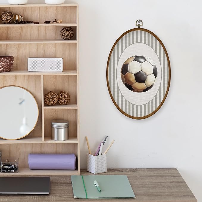 WULQYING Soccer Sports Nursery Wall Art Decor, Boys Room Oval Framed Canvas Art Prints, Neutral Striped Sport Lover Gift Wall Hanging Decor for Kids Nursery Room Playroom, 8.5x11.3 Inches