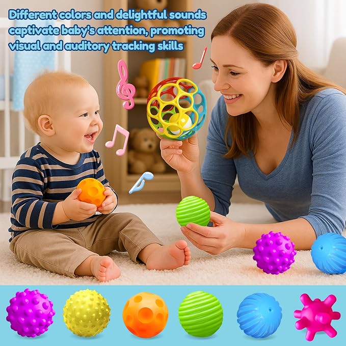 Sensory Balls for Toddlers 1-3, Sensory Baby Toys 6-12 Months, Infant Squeeze Sensory Toys,Baby Rattle Ball, Baby Teething Sensory Montessori Toys Soft Chew Toy with Rattles for Babies | 6-Pack Infant Squeeze Ball, Baby Rattles, Baby Soft Chew Toys, Gi...