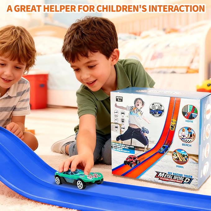 Flex Track Race Set for Kids, 15FT Starter Set Car Track with 4 Suction Cups and 6 Diecast 1/64th Cars - STEM Racing Toy for Boys & Girls Ages 3+ (Upgrade Orange) (Upgrade-Blue)