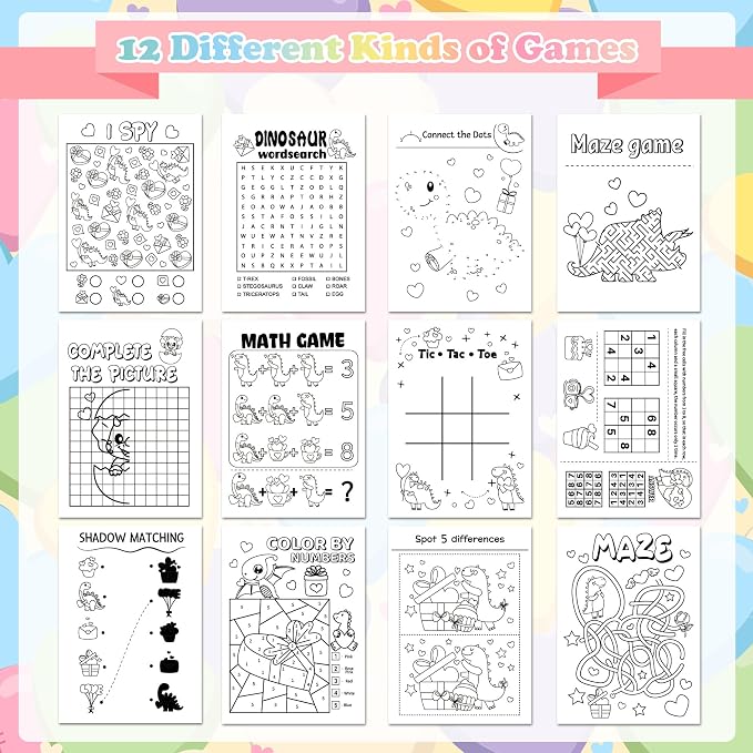 Valentine’s Day Activity Books for Kids - 24Pcs Dinosaur Theme Mini Games Coloring Book Set Bulk Mazes Word Search Word Scramble Games for Valentines Party Goodie Bags Stuffers School Classroom Favors