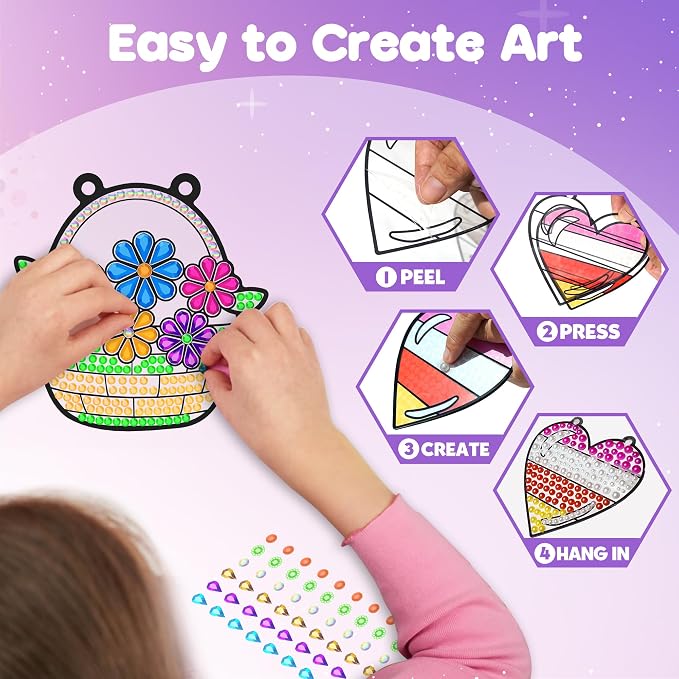 Diamond Painting Suncatcher Kits for Kid: 5PCS Gem Window Art Suncatcher Birthday Gifts Kit for Girls Ages 4 5 6 7 8 9 10 Years Old - DIY Creative Kids' Mosaic Kits Diamond Art Crafts Toys