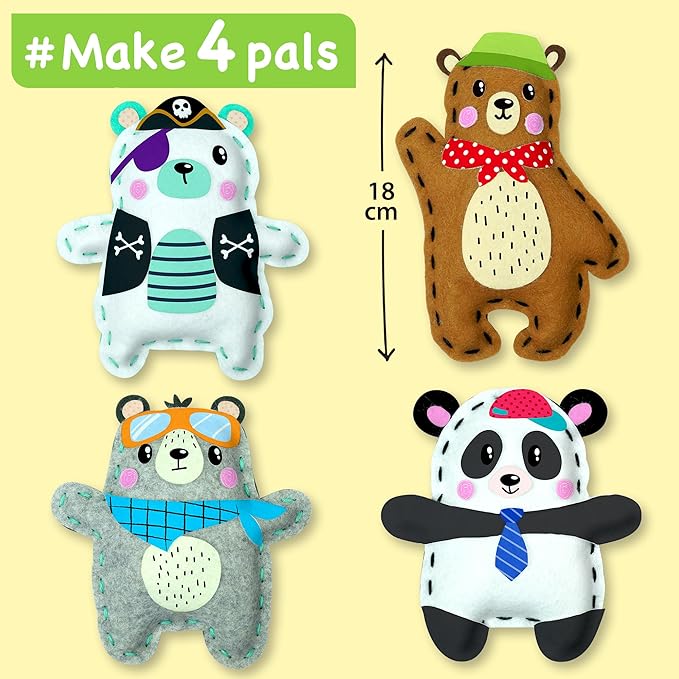 EZCRA Bear & Animal Sewing Kit for Kids Ages 4-8 - 4 Beginner Felt Craft Projects - No-Mess Arts & Crafts for Boys and Girls - Gift for Kids