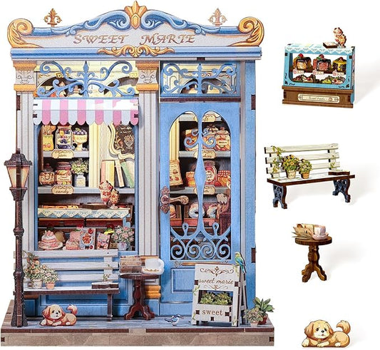 Cutefun Book Nook Kit - DIY Miniature Dollhouse Booknook Kit for Adults and Teens, 3D Wooden Puzzle Bookshelf Insert Decor with LED Light, Gifts for Book Lovers and Beginners (Sweet Marie)