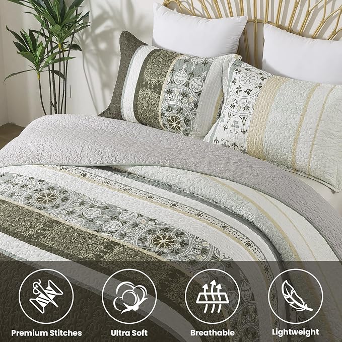 NEWLAKE Quilt Set King Size, Bedspread Sets Brown Beige Stripes, Reversible Quilt Bedding Set Lightweight and Breathable for All Seasons, Soft Quilted Bedspread with 2 Pillow Shams