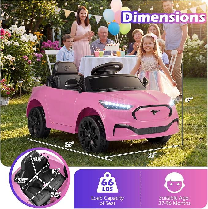 Costzon Ride on Car, 12V Licensed Ford Mach E Kids Electric Vehicle with Parent Control, LED Lights, Horn, Music, Wireless Connection & Spring Suspension, Kids Car Toy for Girls Boys (Pink)