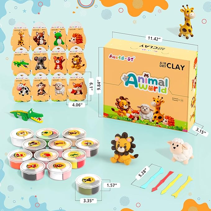 Aestd-ST Air Dry Clay Kit - Animal Theme, Modeling Clay for Kids, DIY Magic Clay with Sculpting Tools and Tutorials, 12 Boxes Molding Clay, Soft & Non-Sticky, Arts and Crafts Gift for Kids