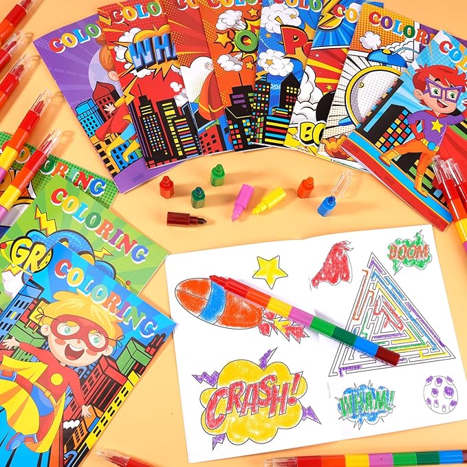 BenLouis 12 Hero Mini Coloring Books Kids with 12 Stacking Crayons Hero Party Favors Small Activity Books Bulk for Kids Hero Party Gift Goodie Bag Stuffers