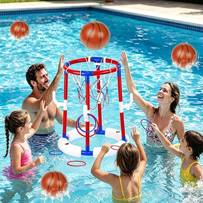 Taotuo Red Floating Pool Basketball Hoop, 2-in-1 Basketball & Ring Toss Game with 4 Balls, 6 Rings&Pump, Summer Pool Toys Outdoor Water Fun Family Party for Age 3-12