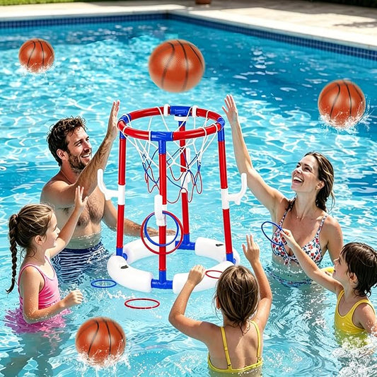 Taotuo Red Floating Pool Basketball Hoop, 2-in-1 Basketball & Ring Toss Game with 4 Balls, 6 Rings&Pump, Summer Pool Toys Outdoor Water Fun Family Party for Age 3-12