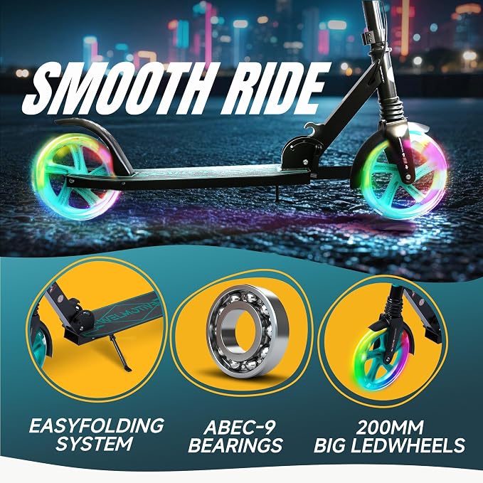 Kick Scooter for Kids Ages 8+ Teens & Adults, with Front handbrake and Rear Brake, and Adjustable Handlebars, Big Sturdy PU Flash Wheels Great Gift & Toy