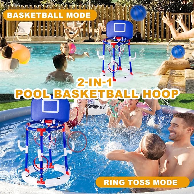 Taotuo Blue Floating Pool Basketball Hoop with Backboard, 2-in-1 Poor Toy Basketball & Ring Toss Game with 4 Balls, 6 Rings&Pump, Summer Pool Toys Outdoor Water Fun Family Party for Age 3-12