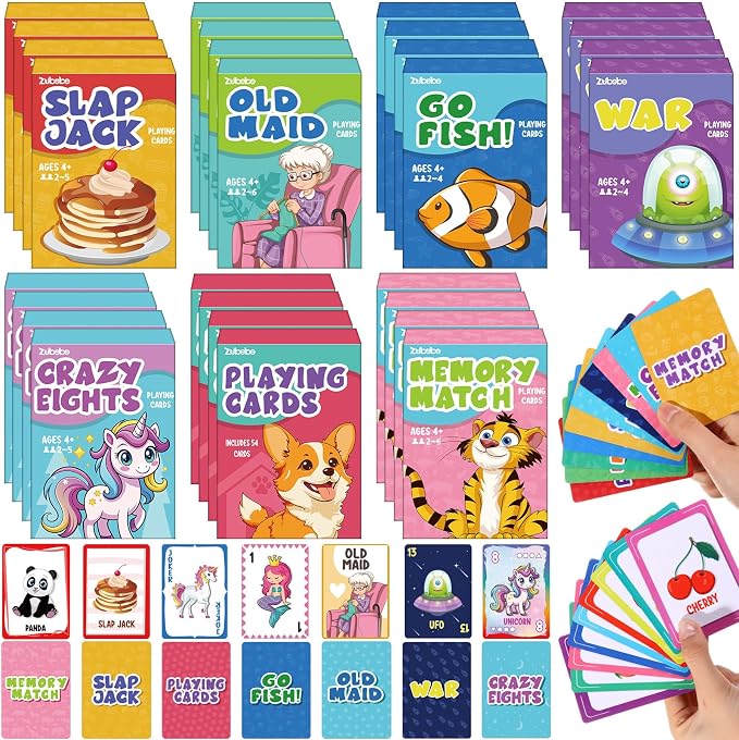 Zubebe 7 Pack Kids Card Games Gifts Bulk Classic Playing Card Game Set for Kids Includes Go Fish, Old Maid, Crazy Eights, Memory Match, Slap Jack, Playing Toy for Party Favors (Classic)