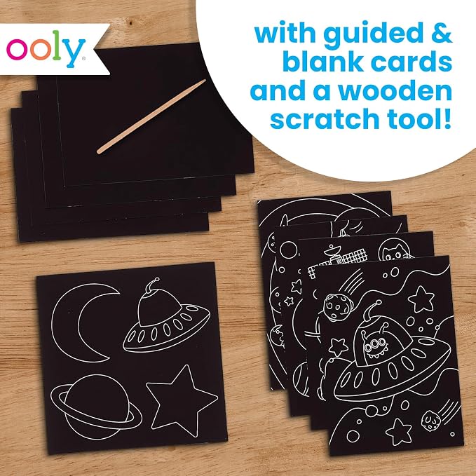 Ooly Scratch & Scribble Travel Crafts for Kids – 1pc Art Kit, Portable Car & Airplane Activity, 8 Scratch Cards + Wooden Stylus + Stickers, Ages 6+ – Space Explorers