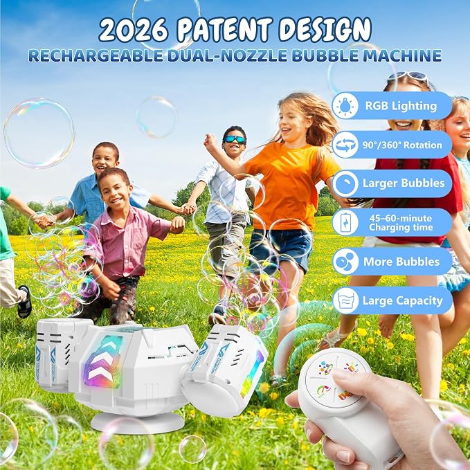 Bubble Machine, Rechargeable Dual-Nozzle Bubble Machine with Remote Control, 30000+ Bubbles Per Minute, RGB Lights, Bubble Machine for Kids, Weddings, Birthday Parties, Outdoor Activities