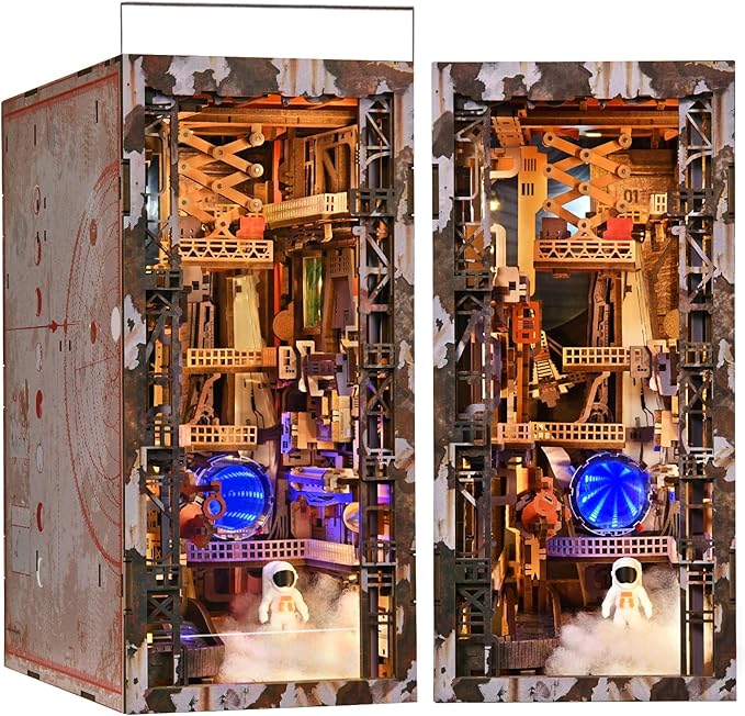 CCCDF Book Nook Kit, Miniature Dollhouse DIY Space-Themed Wooden Dollhouse Kit with Movable Parts & LED Lights, Collectible for Adults, Dolls Accessories Gift (Aerospace Foundry)