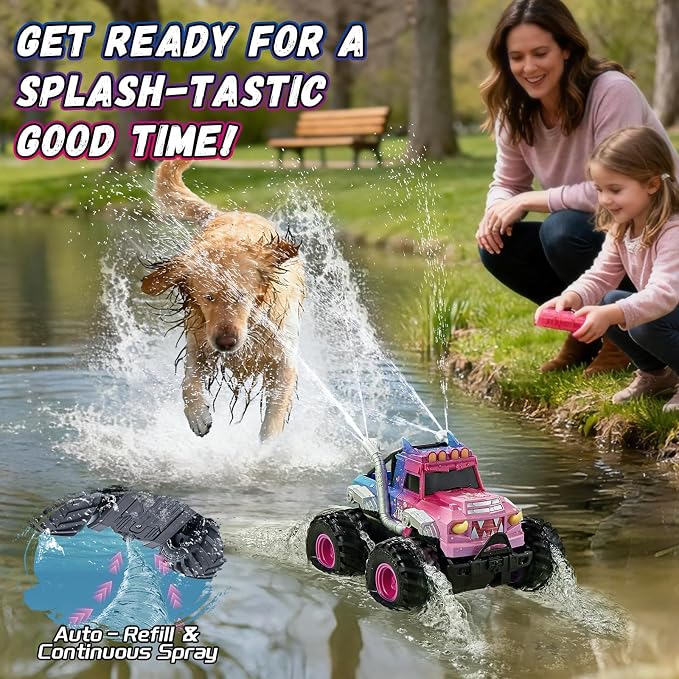 Remote Control Car for Girls, Waterproof Pink Monster Truck Toys W/Blocks & 360°Spin, 1:18 Amphibious RC Cars, 4WD All-Terrain Off-Road RC Trucks, Birthday Gifts Pool Toys for Kids Age 3-12