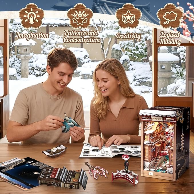 CUTEBEE Book Nook Kit - DIY Miniature House Dollhouse for Adults, Japanese Kyoto Winter Street Scene, Bookshelf Decor 3D Wooden Puzzle Model Kit, Diorama Bookish Gifts (Kyoto Snow Scene)