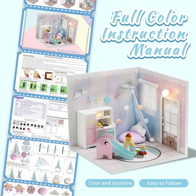 Kisoy Dollhouse Miniature with Furniture Kit, DIY 3D Wooden DIY House Kit A Corner of a Small Apartment Style with Dust Cover & LED,Handmade Tiny House Toys for Kids Adults Gift (Toy Room)
