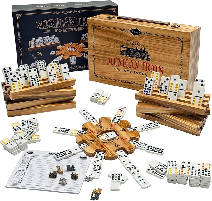 Mexican Train Dominoes Set with 8 Charcoal-burned Wooden Holders & Hub, Double 12 Dominos Set Colored Dot 91 Tiles in Vintage Wooden Case, Travel Dominos Set Metal Trains for Adults Family Game