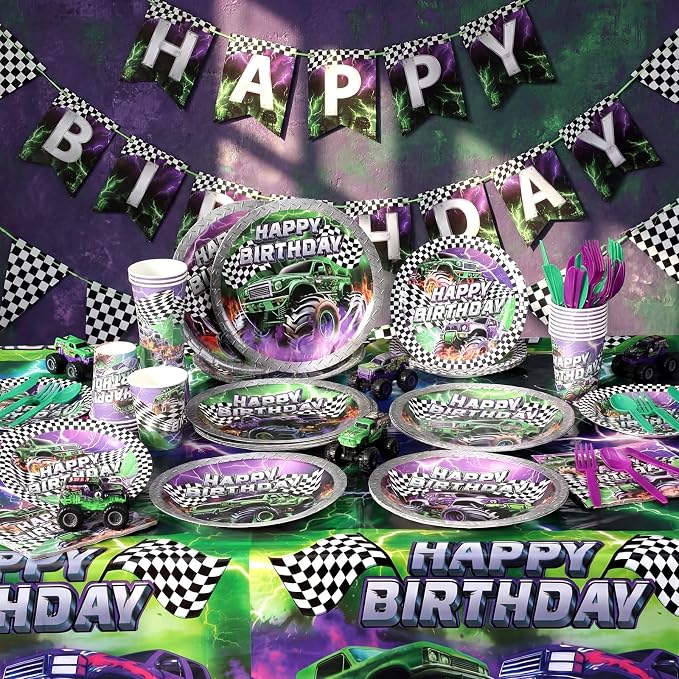 Mifoci 6 Pcs Monster Truck Birthday Party Tablecloths Monster Machine Table Covers Large Plastic Disposable 108 x 54 Inches for Truck Theme Kid's Boys Birthday Shower Party Supplies (Fresh)