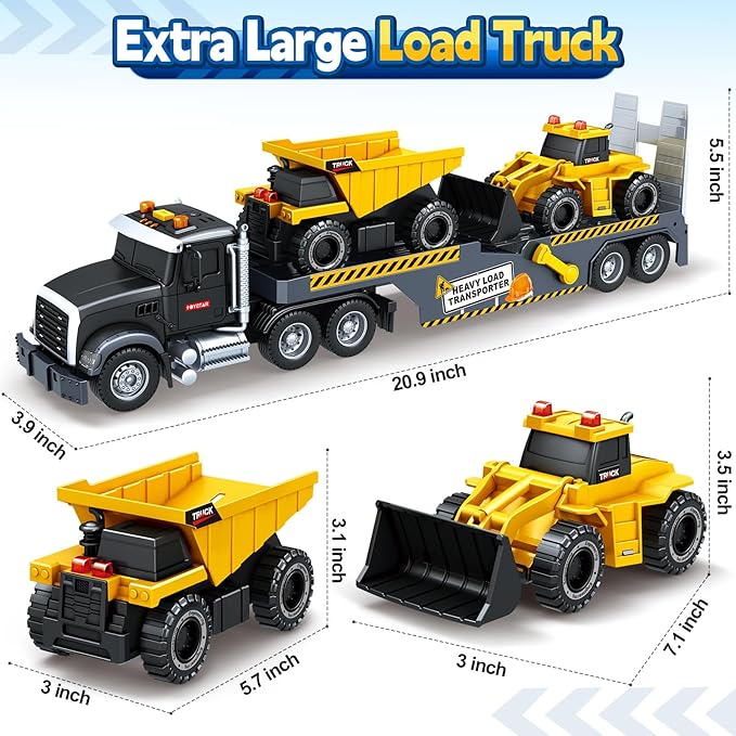 Bstoyder Toddler Boy Toys for 3 4 5 6 7 Years Kids, 21" Semi Construction Carrier Truck Toy with Excavator and Dump Truck, Friction Powered Toys with Lights and Sounds, Birthday for Boy Girls