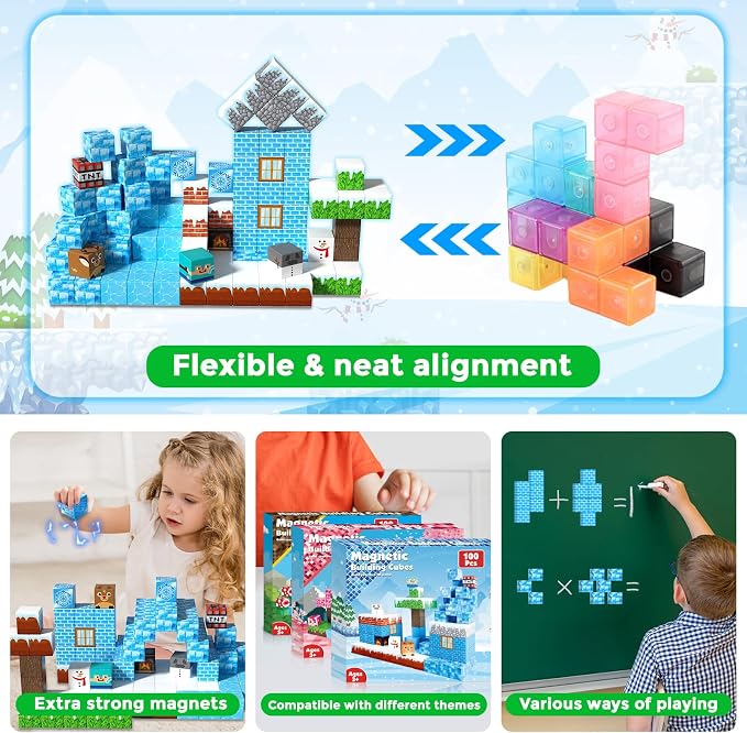 GraceDuck Magnetic Blocks - 100PCS Magnetic Blocks Build Ice Castle - Magnetics Toys for Montessori Toddler Easter Christmas Birthday Gifts - STEM Sensory Toys for 3 4 5 6 7 8 9 10 Year Old Girls