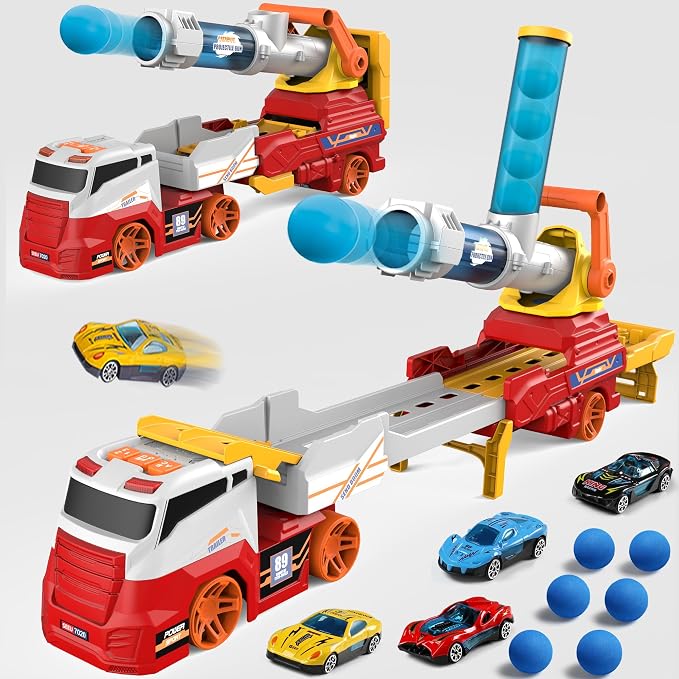 Dwi Dowellin Truck Toys for Kids, 28" Large Car Toys Include 4 Racing Cars+6 Ball, with Light & Sounds, Eejection&Shooting Transport Cars Toys Vehicle, Gifts for Boys Girls-RED