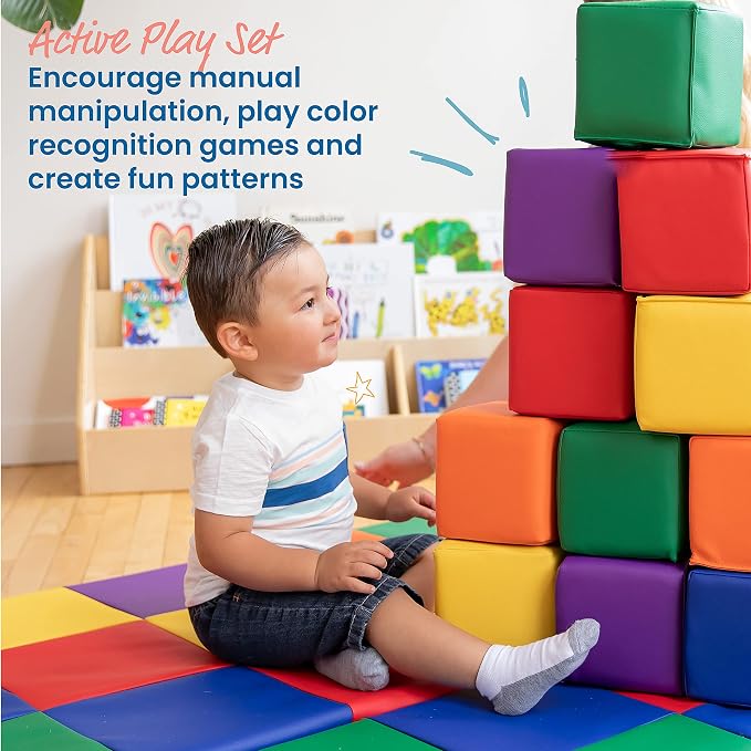 ECR4Kids SoftZone Patchwork Toddler Activity Mat and 12 Stacking Block Set, Colorful Baby Crawling and Tummy Time Foam Pad and Building Blocks, Padded Infant Floor Mat, Foldable Design
