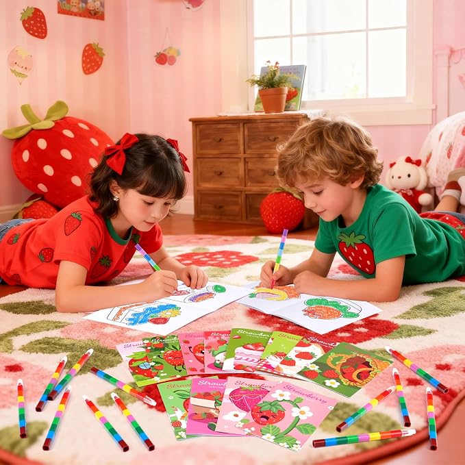 BenLouis 24 Pcs Strawberry Mini Coloring Books Kids Berry Party Favors Small Activity Books for Kids Girl Fruit First Birthday Bridal Baby Shower Goodie Bags Stuffers Return Gifts Classroom Travel