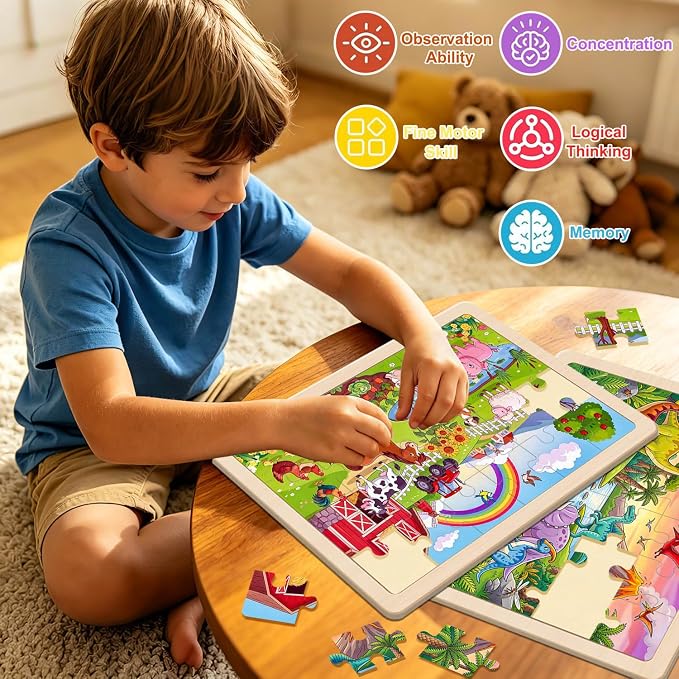Puzzles for Kids Ages 4-6, 4 Packs 24 Pcs Animals Wooden Jigsaw Puzzles for Kids Ages 3-5, Preschool Educational Toys Gifts for Boys and Girls