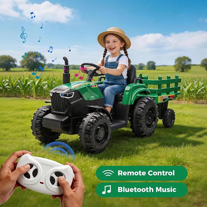24V Kids Ride-On Tractor with Trailer, 400W Electric Farm Truck with Remote & Pedal Control, Headlights, USB MP3, Power Display, Adjustable Speeds, Safety Belt, Ride-On Toy Gift, Green