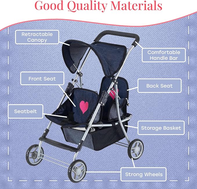The New York Doll Collection First Twin Stroller - Cutest Heart Design Baby Strollers Great Toy Gift for Toddlers and Girls (Denim) Blue,pink