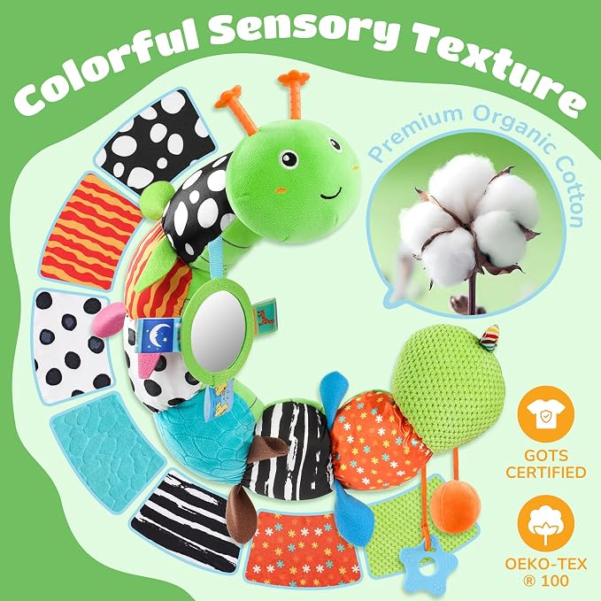 AWOTOY Baby Sensory Toys Music Caterpillar Plush Infant Toys 0 6 12 Months | Stuffed Animals Tummy Time Teething Toys with Mirror Pull String Rattle Baby Toys for Newborn Boy Girl Shower Birthday Gifts