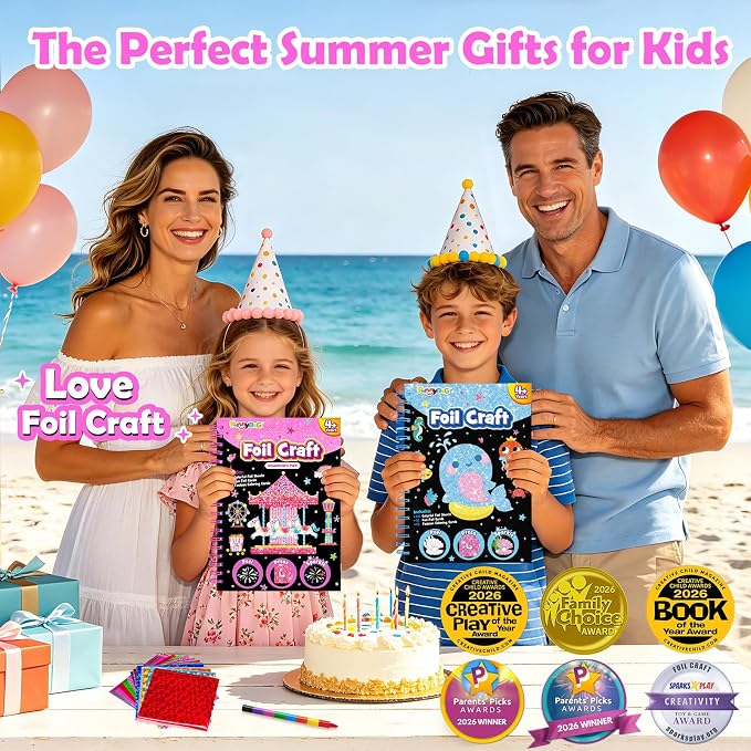 FUNNYB&G Foil Art Craft Kit for Girls 4-10 Years Old: Mess-Free & No-Glue, Create 16 Sparkly Amusement Park Pictures – Perfect Travel Toy & Birthday Gift for Kids （Amusement Park）