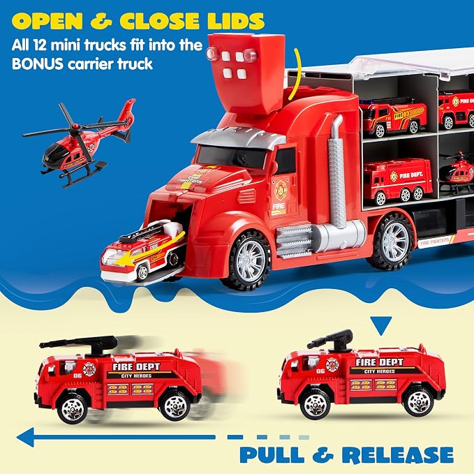 JOYIN 25 in 1 Fire Truck Vehicle Toy Set with Sounds and Lights, Fire Engine Vehicles in Carrier Truck, Mini Rescue Emergency Car Toy, Birthday Gifts for Over 3 Years Old Boys